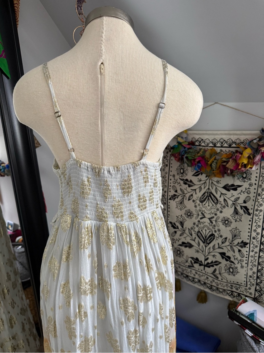 POL Bohemian Maxi Dress in Cream Crochet,Shells Beads, Mustard & Gold Metallic - Picture 5 of 10